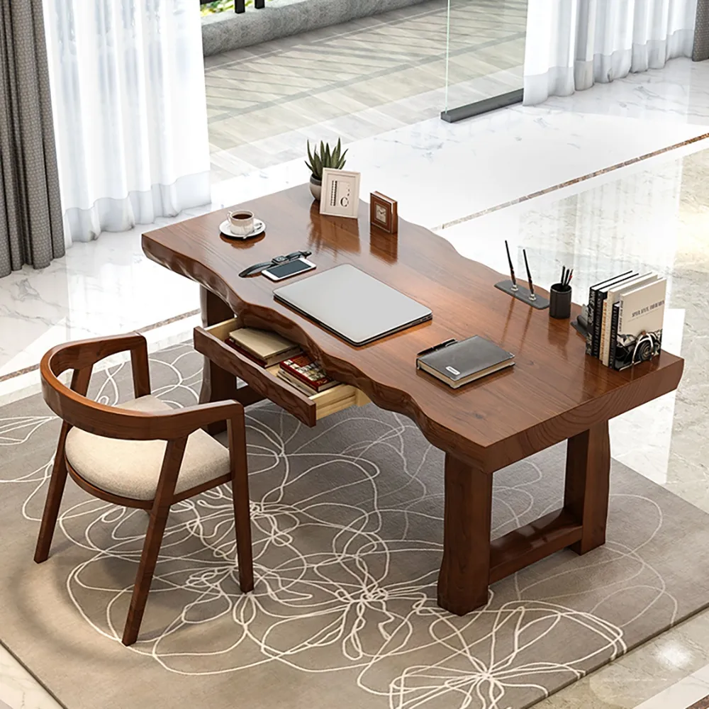 59.1" Modern Walnut Home Office Desk with Drawer Storage Rubberwood Desk