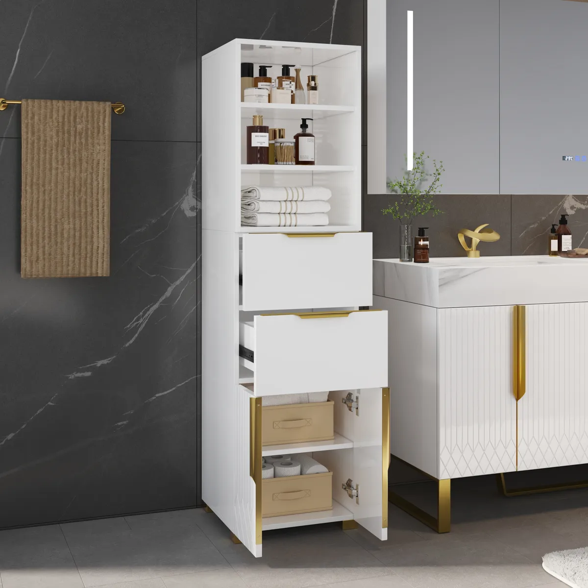 Aro 59" Freestanding Bathroom Storage Cabinet with Shelves, Drawers & Doors — image 13