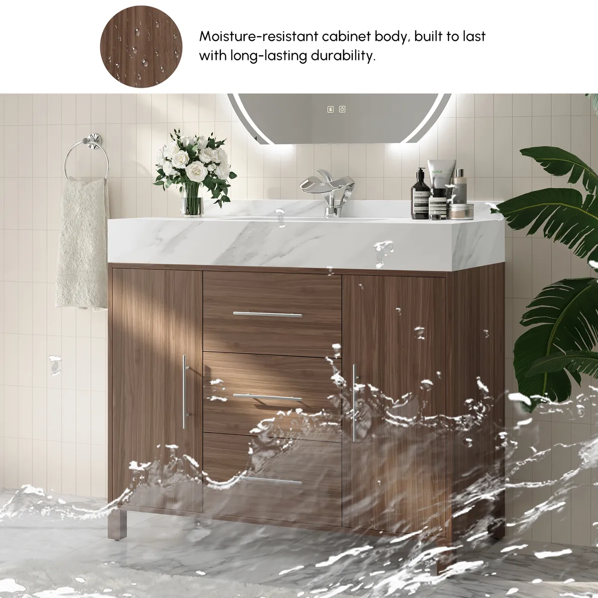 39" Walnut Freestanding Bathroom Vanity Sintered Stone Top & Silver Handles — image 18