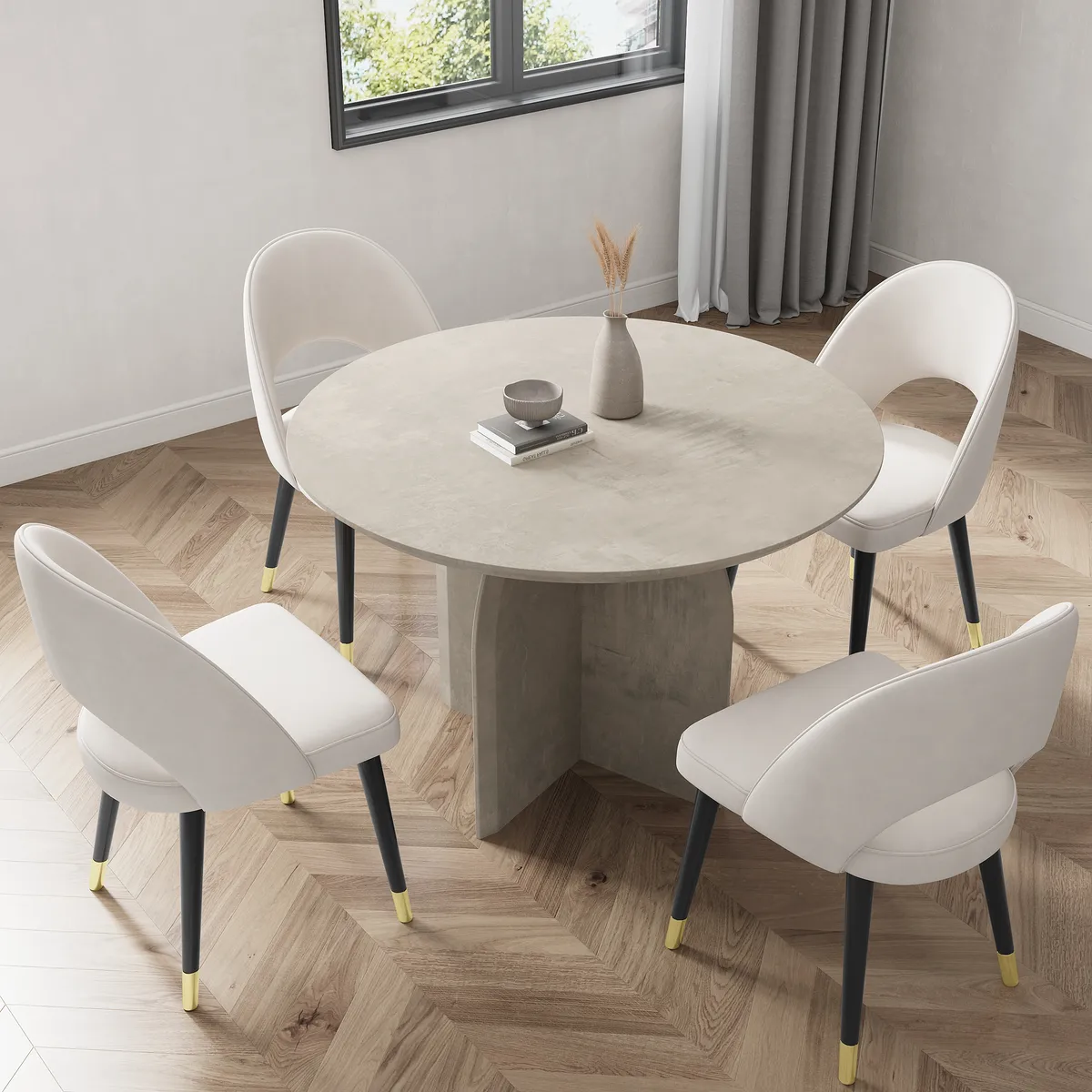 Dining Table Set 39.4" Round Wood Dining Table & 4 Upholstered Light Gray Velvet Dining Chairs Modern — image 2
