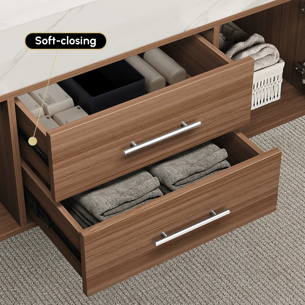 59" Double Sink Bathroom Vanity with Gold Handles – Walnut Modern Floating Vanity — image 19