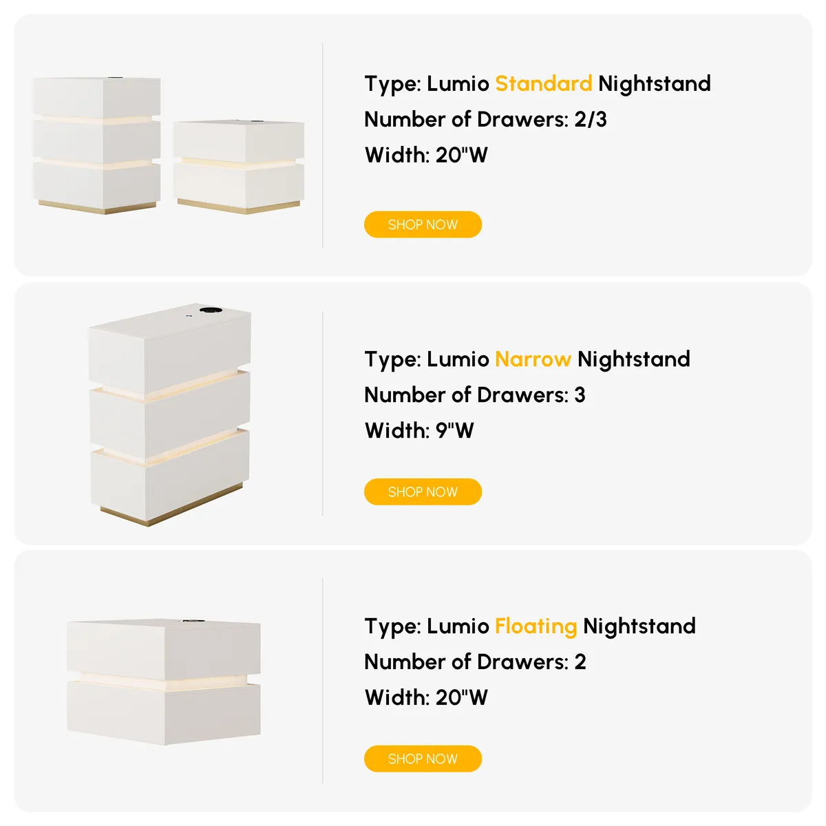 Narrow Smart 3-Drawer Nightstand with Charging Station Bedside Table with Light — image 4