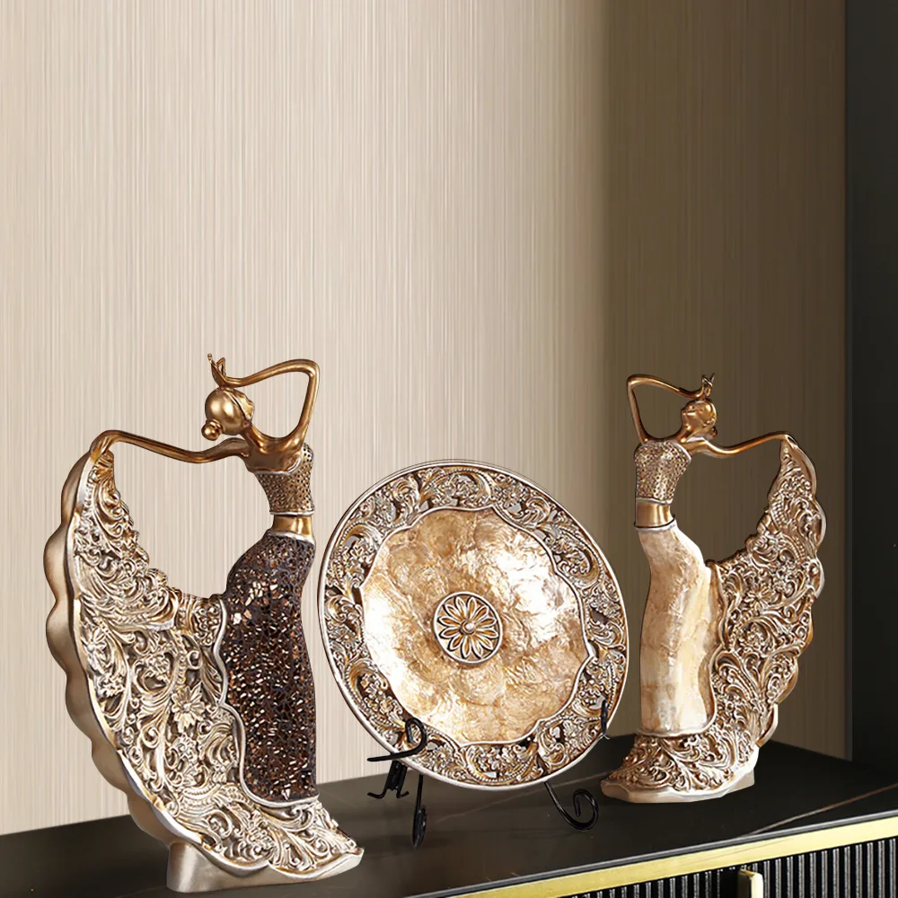 3-Piece Figurine Set – Gold-Toned Dancer Sculptures with Shell Accents — image 3