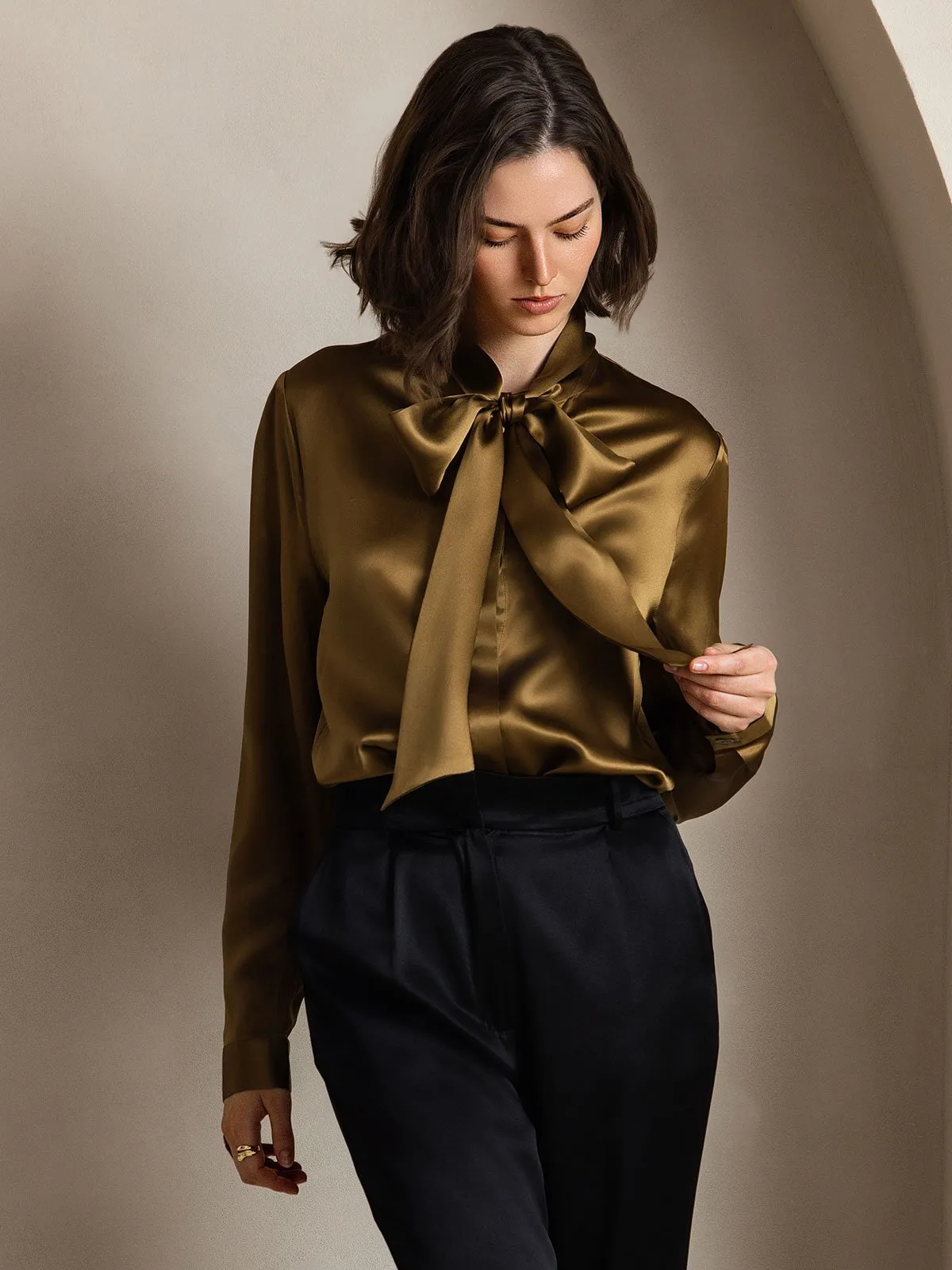 Elegant 19Momme Silk Long Sleeve Tie Neck Blouse — image 4