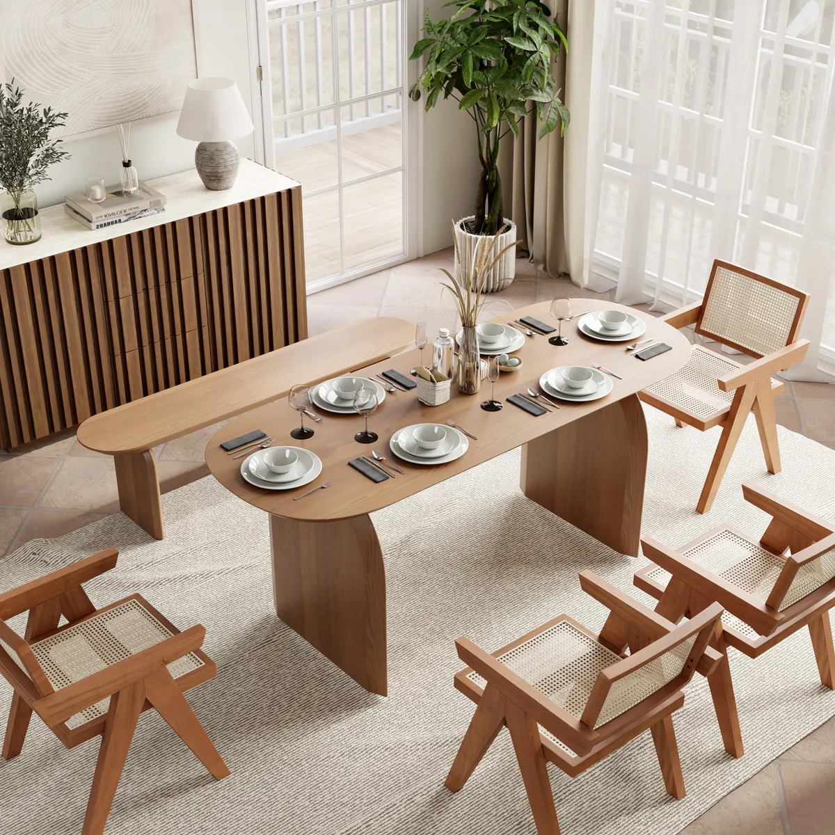 70.9" Oval Dining Table Solid Wood for 6 People Japandi Walnut Pine Wood Dininer Table for Dining Room, Kitchen, Living Room Easy Clean — image 2