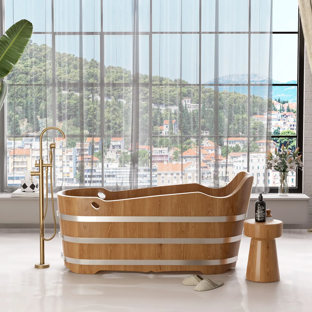 59" Japanese Oak Wood Soaking Bathtub Freestanding Modern Natural Bathtub — image 2