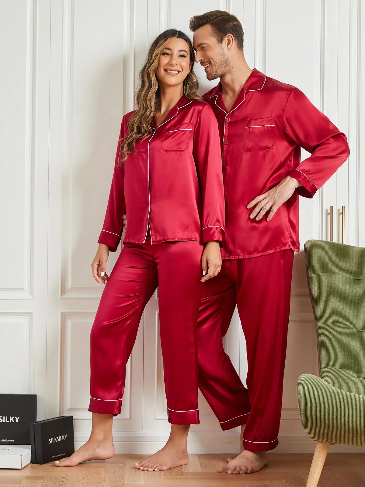 Couple 100% Mulberry Silk Long Pajamas Matching Set Total — image 3