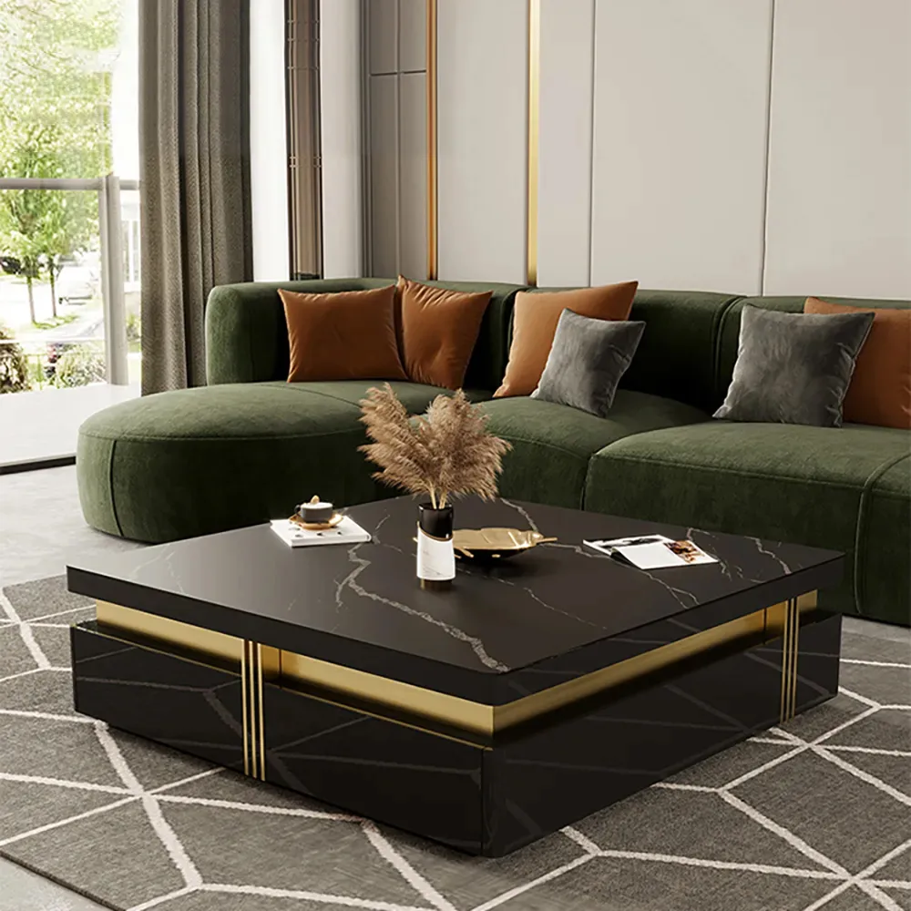 Trimied 43" Modern Black Square Storage Coffee Table Stone Top & 4 Wood Drawers