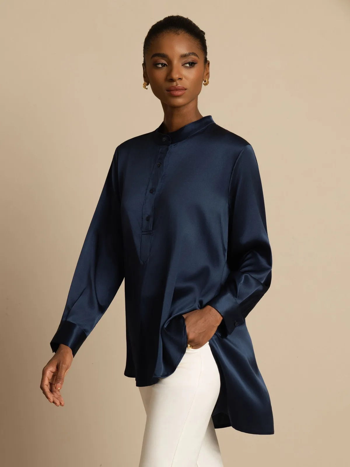 19Momme Silk Women’s Stand Collar High-Low Blouse With Button Detail — image 5