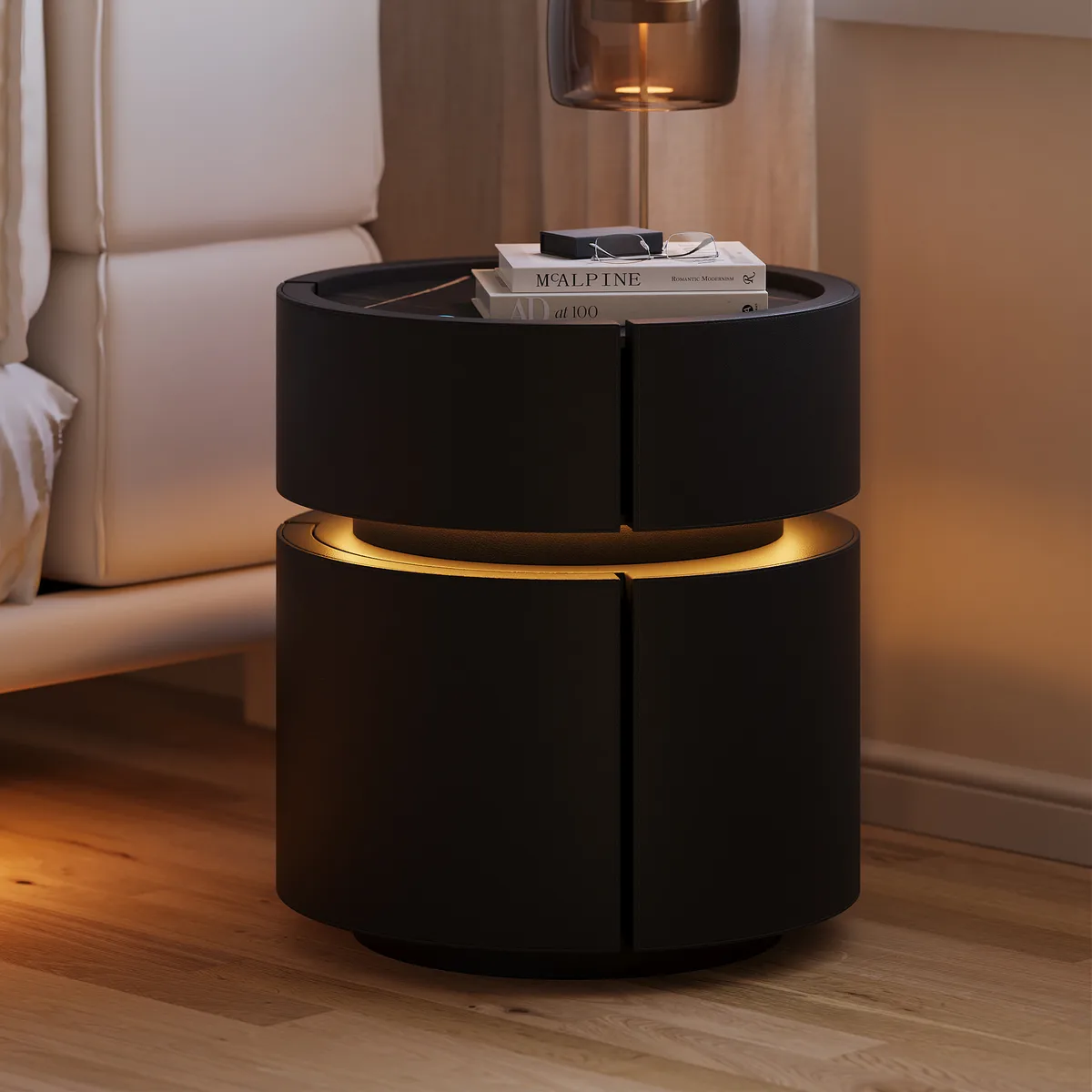 Round Saddle Leather Nightstand with Wireless Charging Bedside Table — image 12