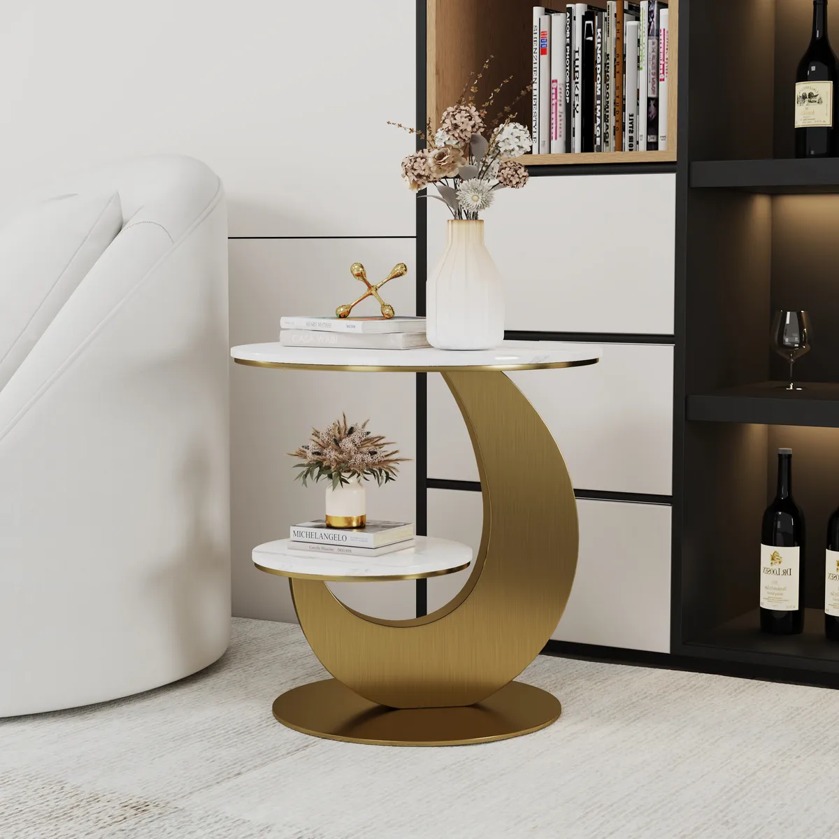 Round Faux Marble 2 Tier End Table Modern White & Gold Side Table — image 11