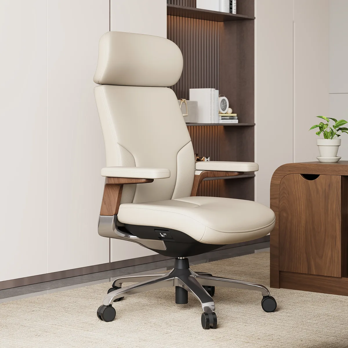 Black Genuine Leather Swivel Office Chair with Ergonomic Synchro-Tilt Recline System — image 11
