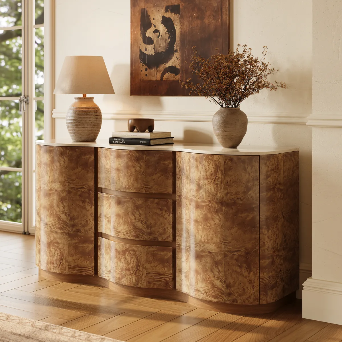 Modern 63" Burl Sideboard with Sintered Stone Top — image 3