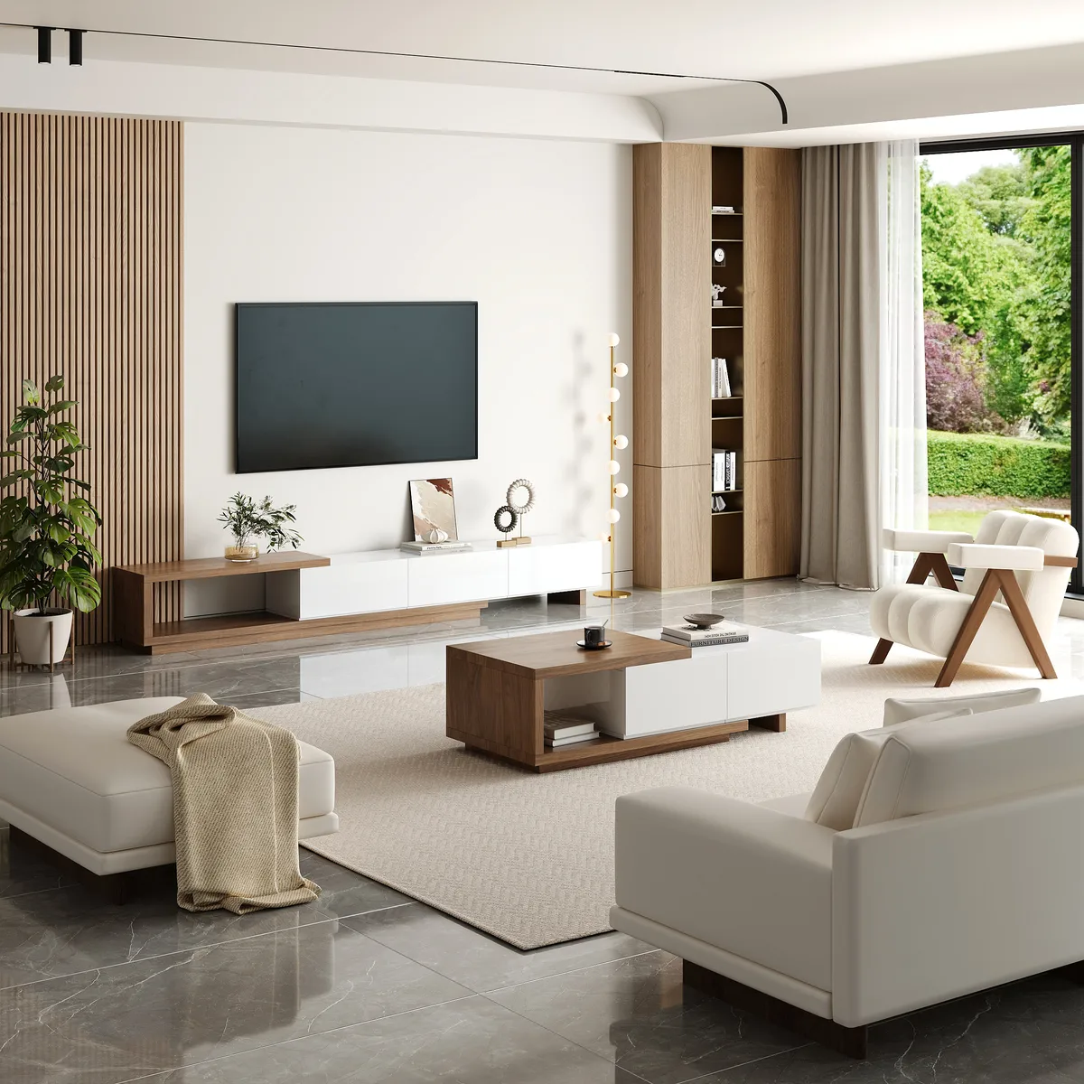 Living Room Cabinet Set Extendable TV Stand & Retracted Coffee Table Set — image 4