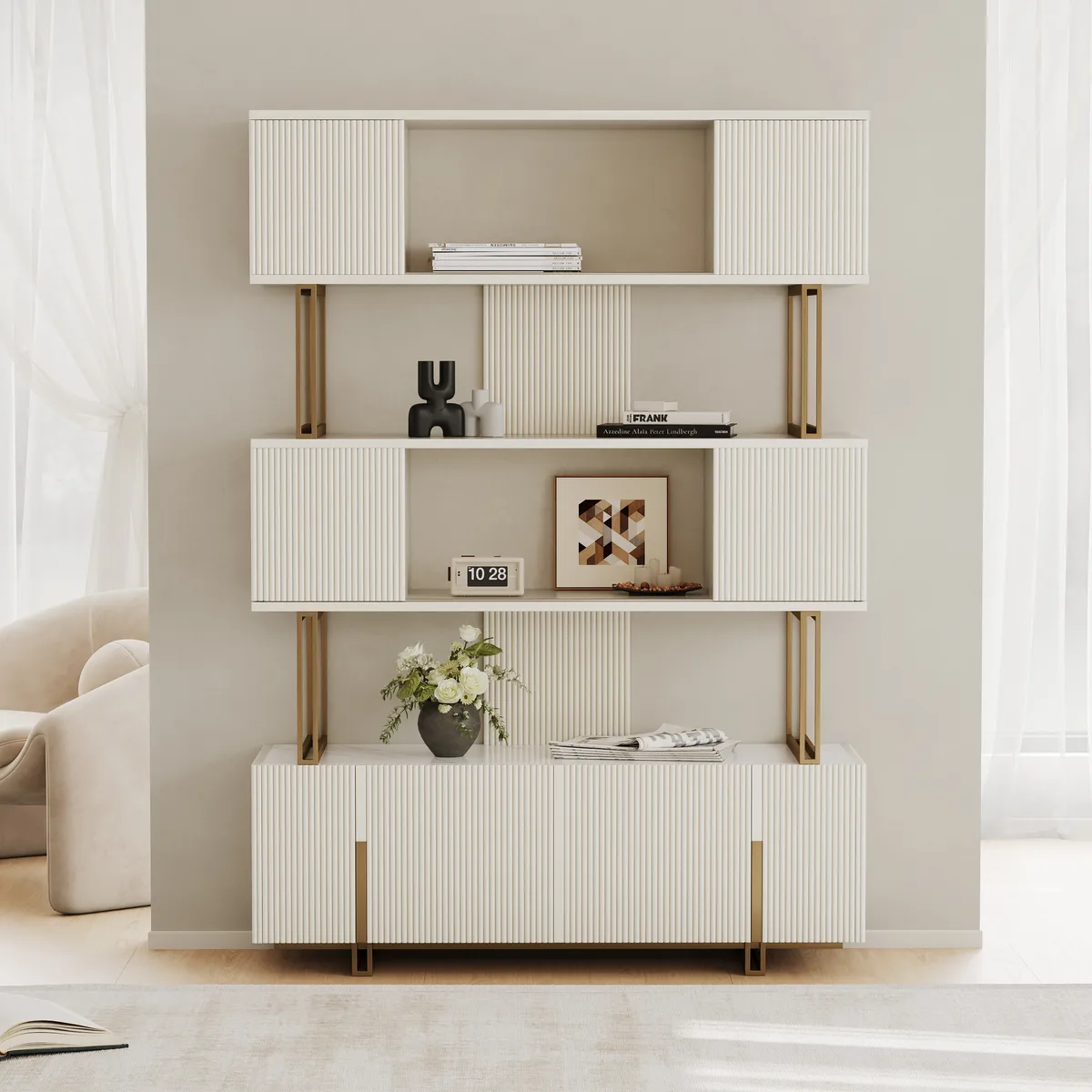5-Shelf Off-white Bookshelf Etagere Tall Bookcase for Home & Office (72.8" High) — image 12