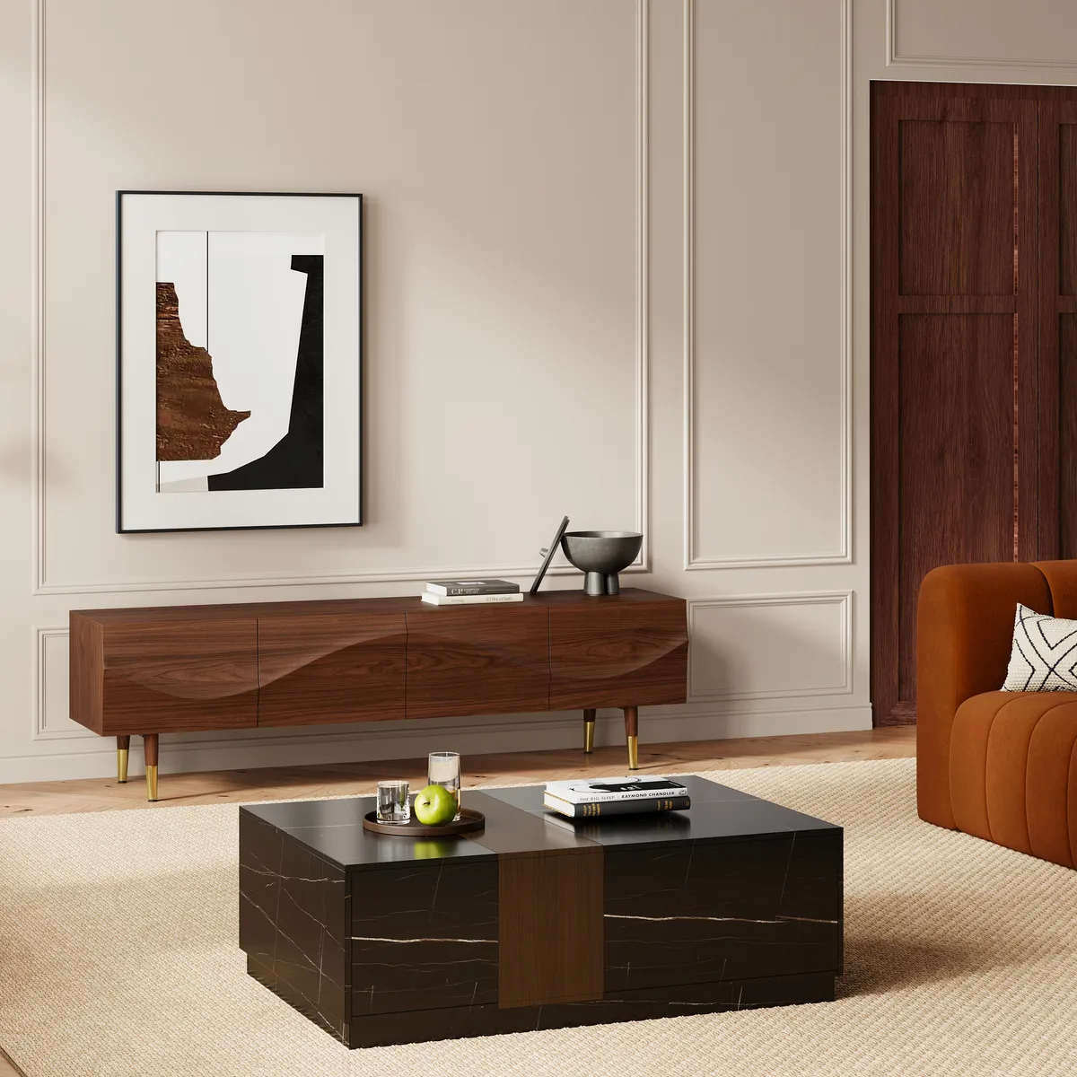 Lake Mid Century TV Stand with Wavy Design Walnut Storage 4 Drawers for TVs Up — image 3