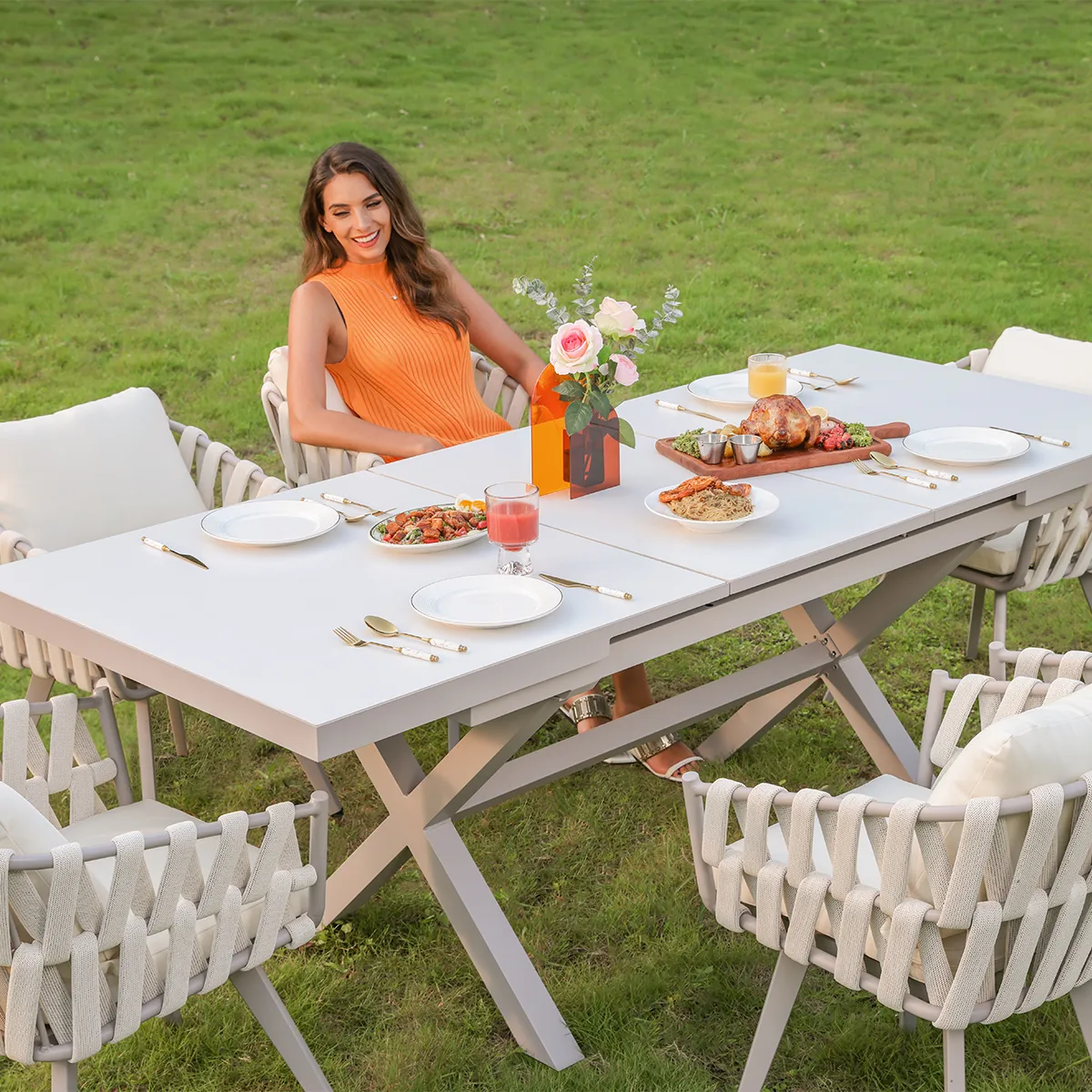 7-Piece Outdoor Extendable Dining Set with 6 Rope Weave Chairs in Gray(64"-84") — image 14