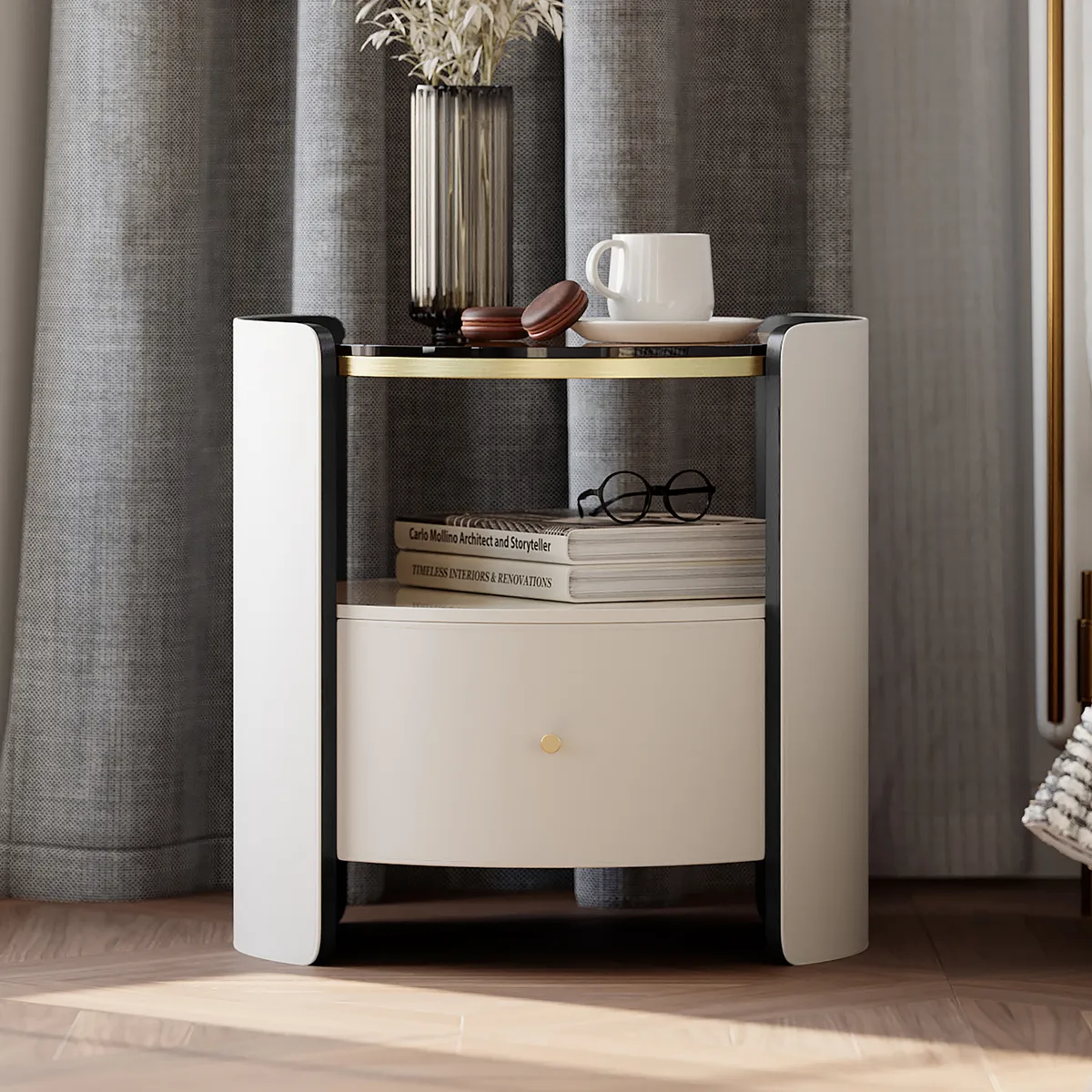Modern Round Gray Leather Nightstand with Glass Top & Sintered Stone Bedside — image 11