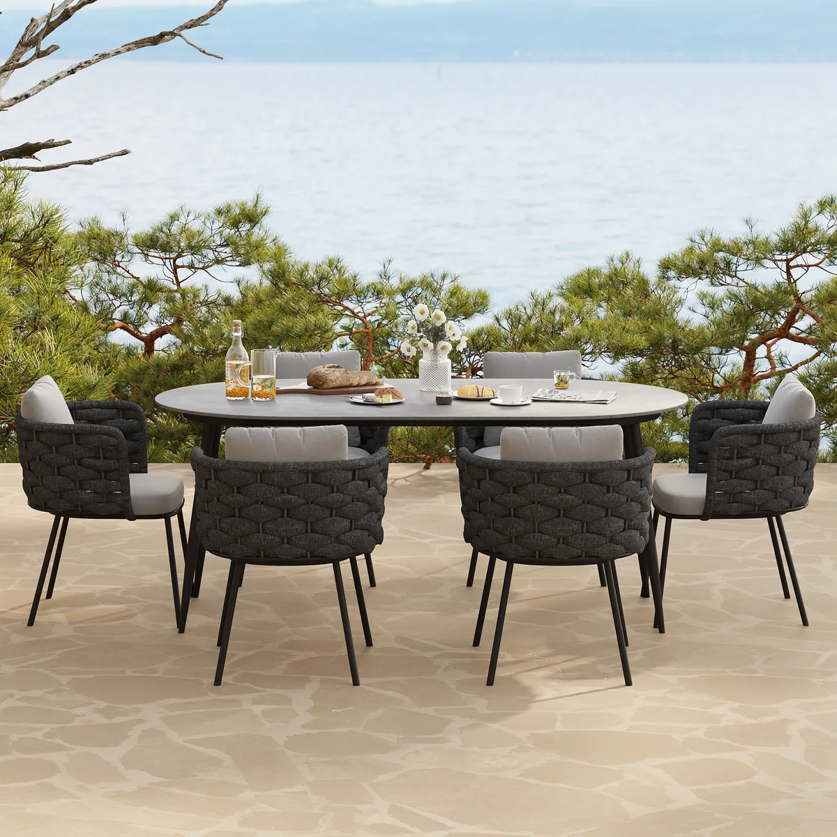 Set of 2 Modern Dark Gray Aluminum Rattan Outdoor Dining Chairs with Armrests – Durable & Weather-Resistant for Patios, Gardens, or Balconies — image 5