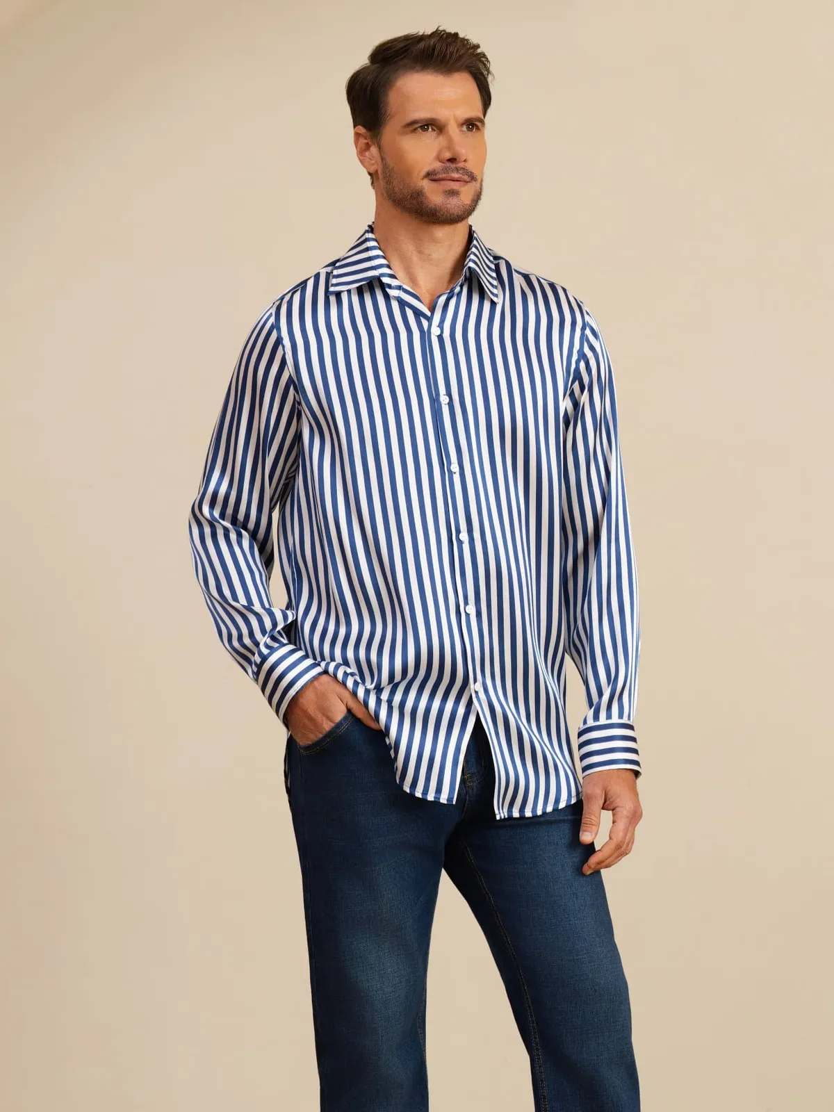 19Momme Silk Men's Long Sleeve Lapel Collar Stripe Print Shirt — image 4