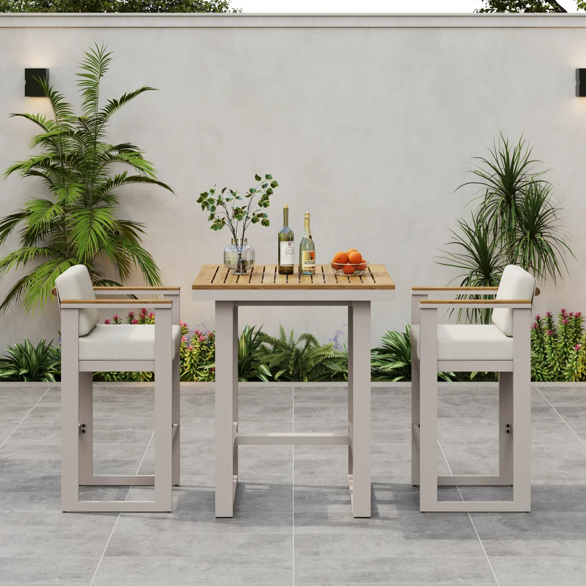 Tevara Outdoor Teak Wood Slat Top & Sand Aluminum Frame Bar Table for Patio — image 15