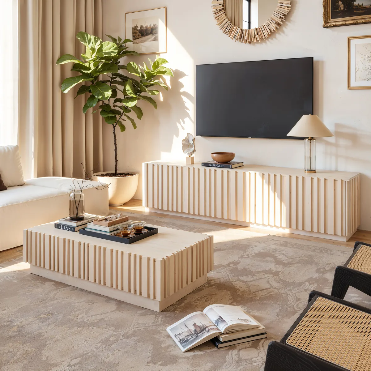 Aura 47" Ash Wood Slatted Coffee Table with Sintered Stone Top — image 6