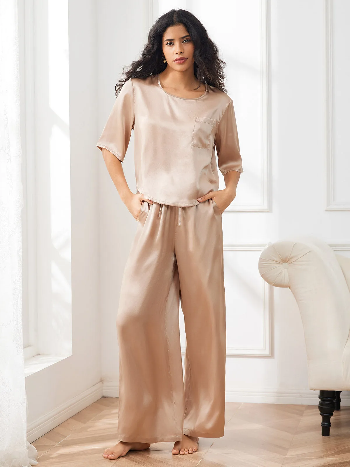 Women's 100% Mulberry Silk Half Sleeve Round Neck Pajamas Set — image 3