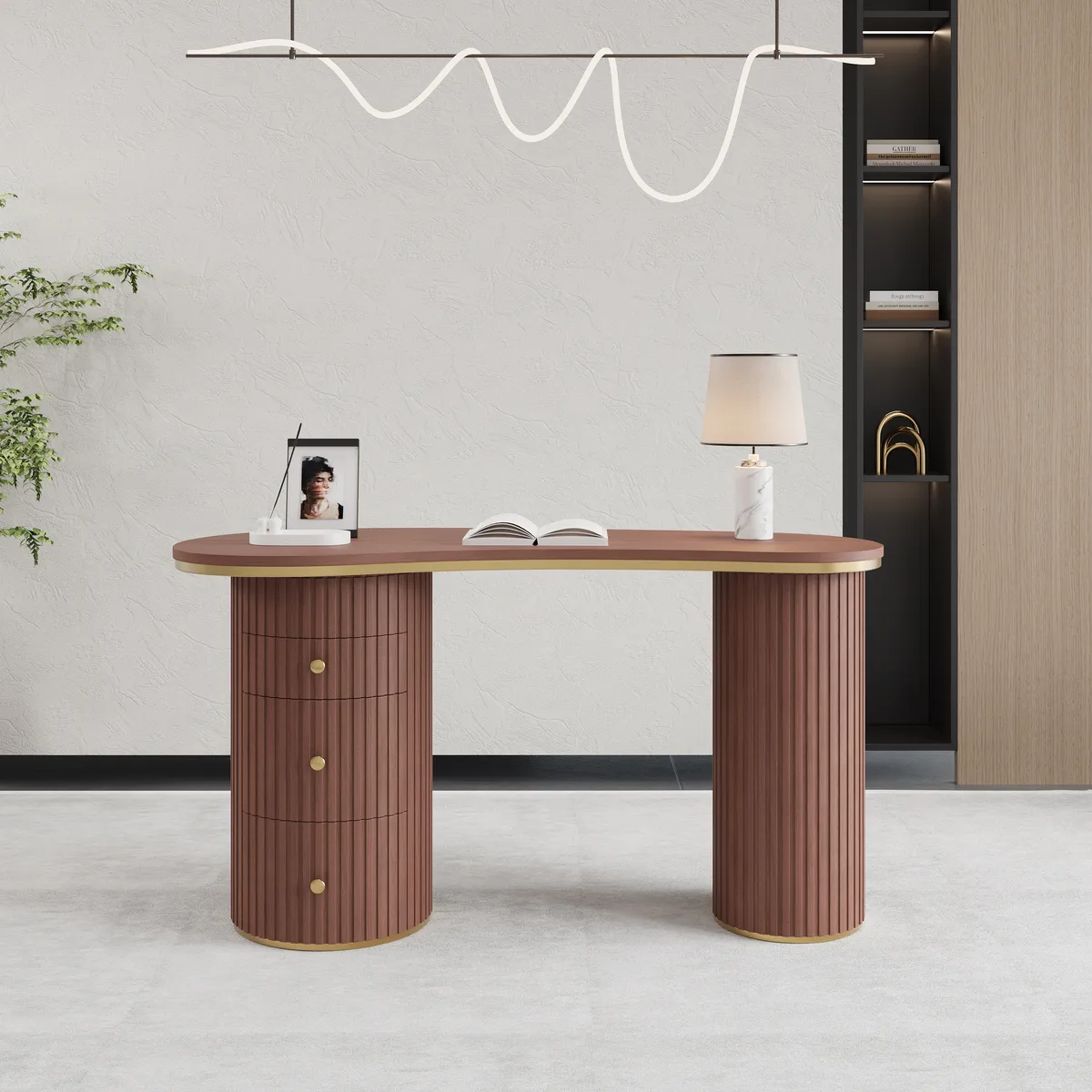 55.1" Modern Black Curved Desk 3-Drawer Wooden Home Office Desk Double Pedestal — image 22