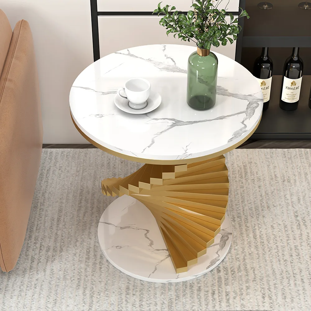 Round Marble Tabletop End Table with Metal Frame Modern Black & Gold Side Table — image 2