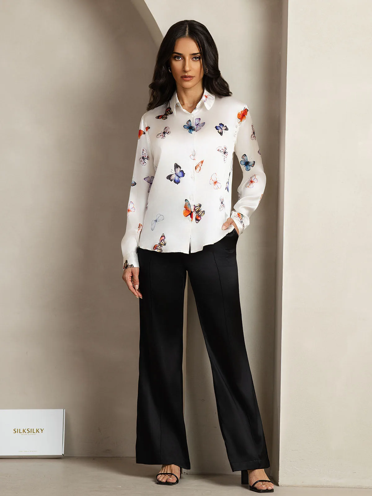 19Momme Silk Butterfly Print Long Sleeve Lapel Collar Women's Shirt — image 3