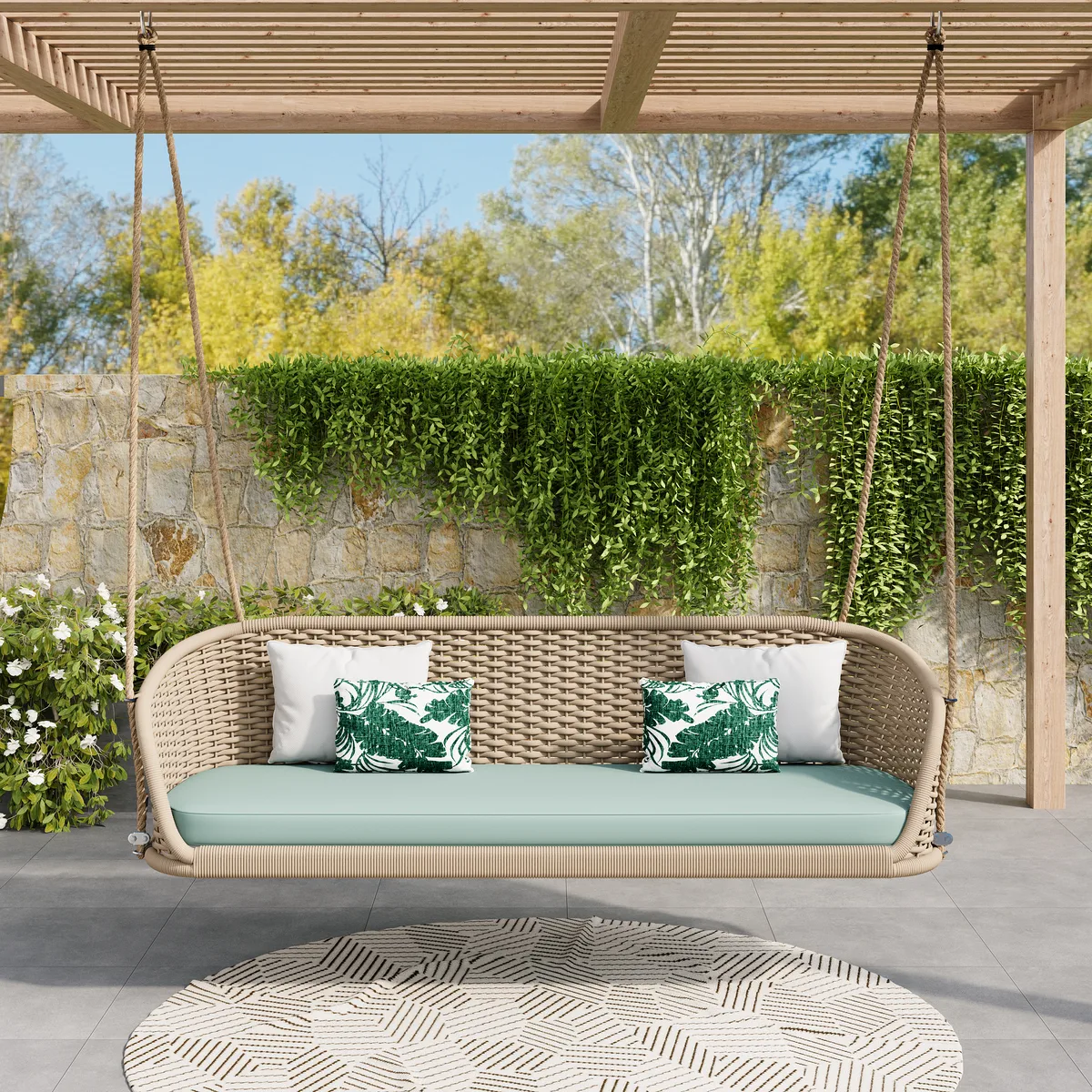 Traditional Wide Outdoor Woven Rope Swing Sofa Hanging Chair with Cushion — image 2