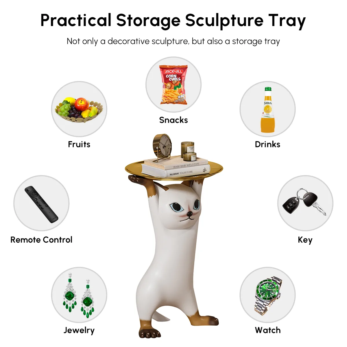 Modern Cat Side Table Decorative Cocktail Table Floor Resin Figurine with Gold Tray End Table — image 8