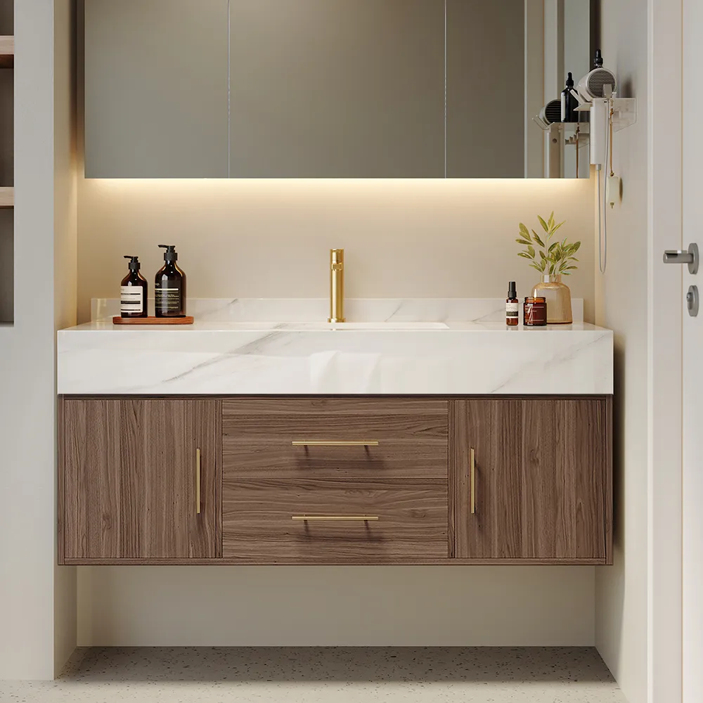 59" Double Sink Bathroom Vanity with Gold Handles – Walnut Modern Floating Vanity — image 2