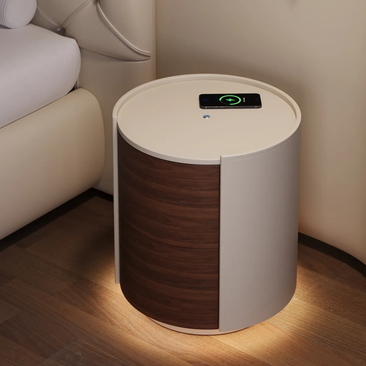 Saddle Leather 2-Drawer Nightstand with Charging Station