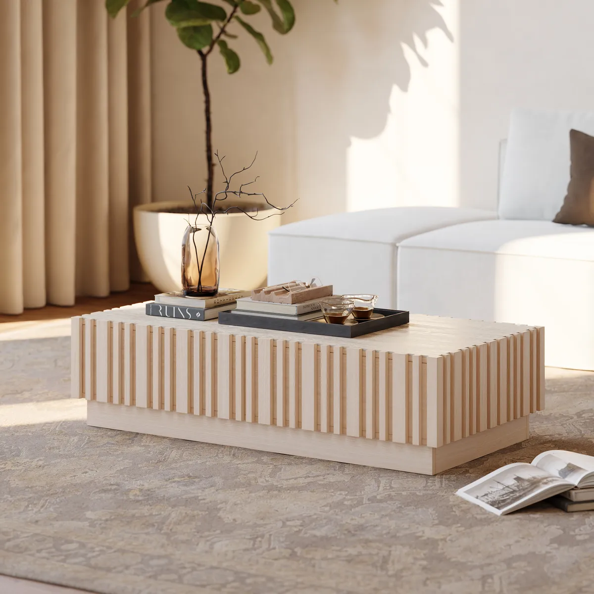 Aura 47" Ash Wood Slatted Coffee Table with Sintered Stone Top — image 2