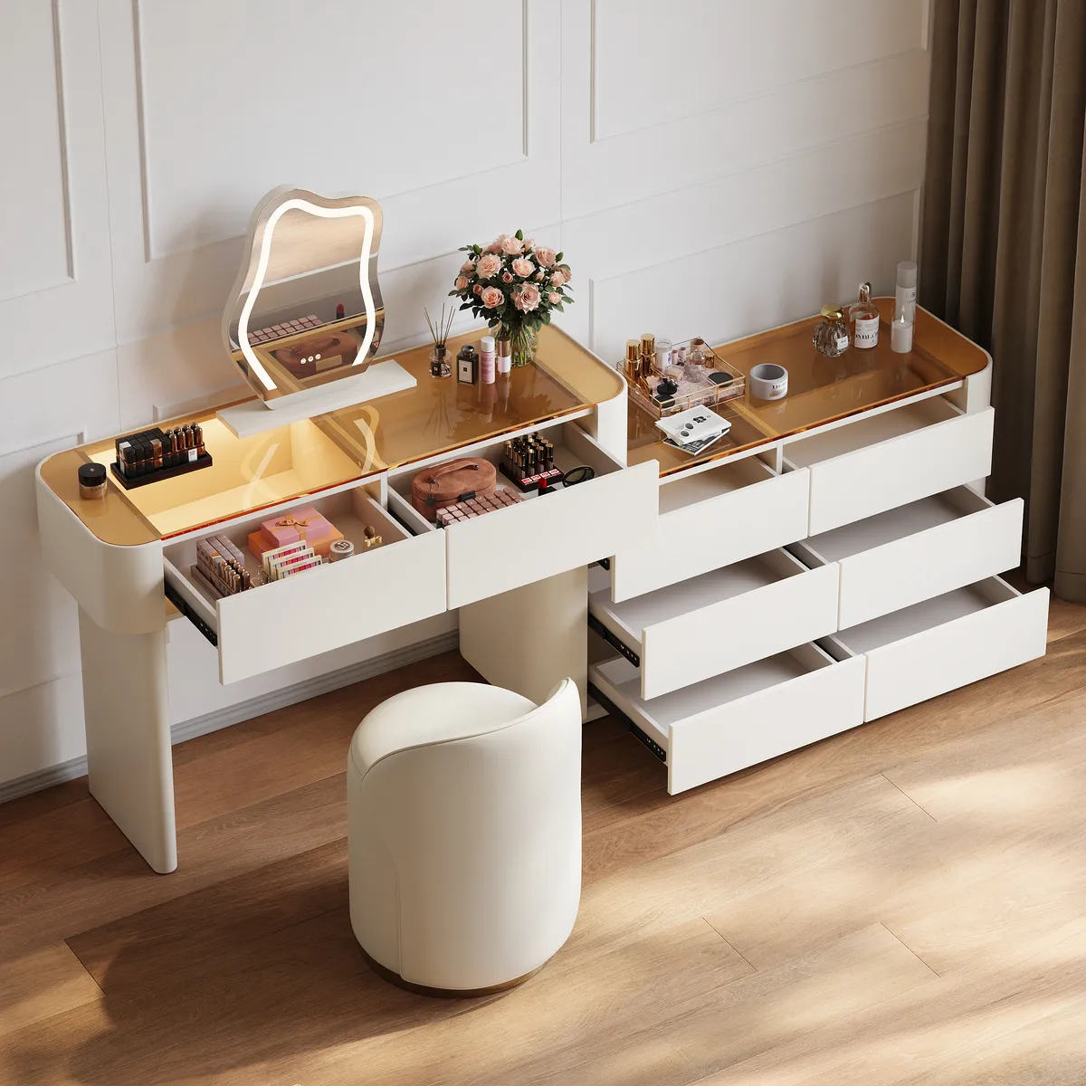 Modern Extendable Makeup Vanity Set Dresser Vanity with Mirror & Light (53"–87") — image 5