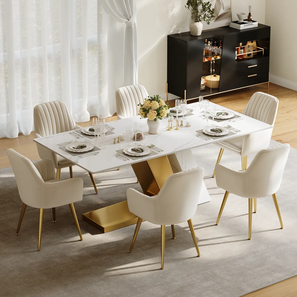 Modern 63" Rectangle Faux Marble Dining Table with 4 Chairs — image 11