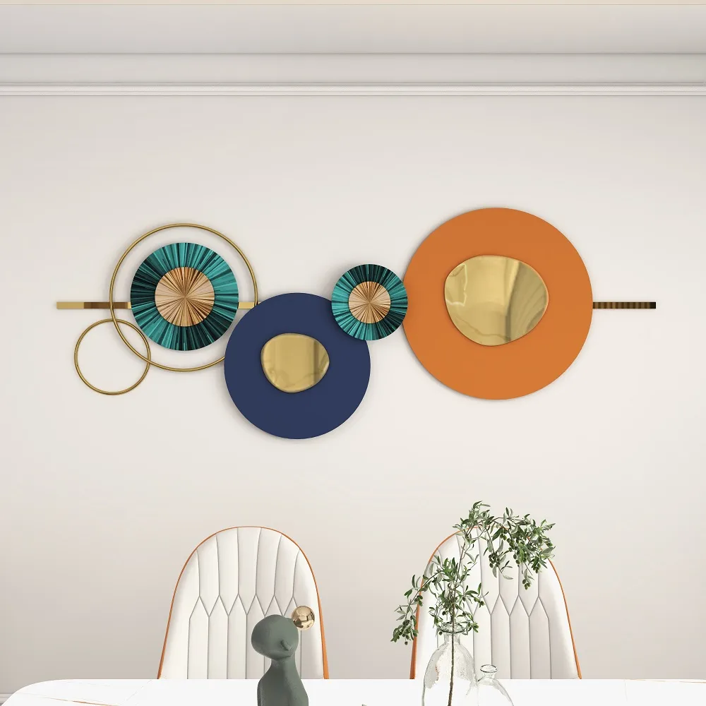 Modern Round Metal Wall Art 59" x 23" Geometric Decor in Orange & Gold & Blue Living Room — image 3