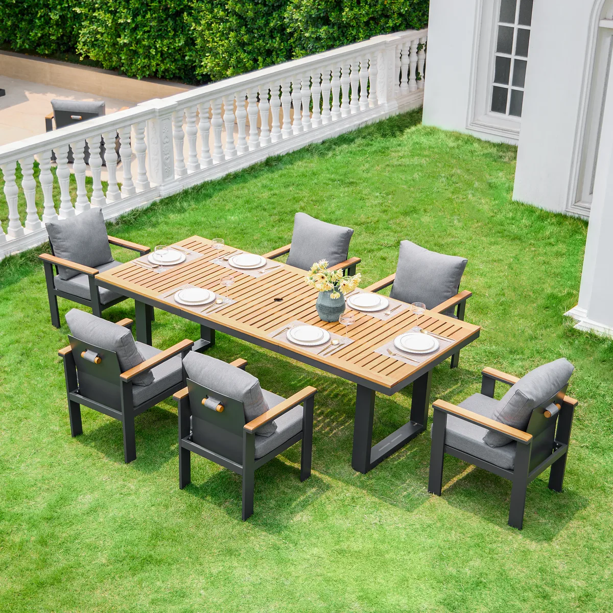 Tevara 6-Person Rectangle Teak & Aluminum Outdoor Patio Dining Table — image 26