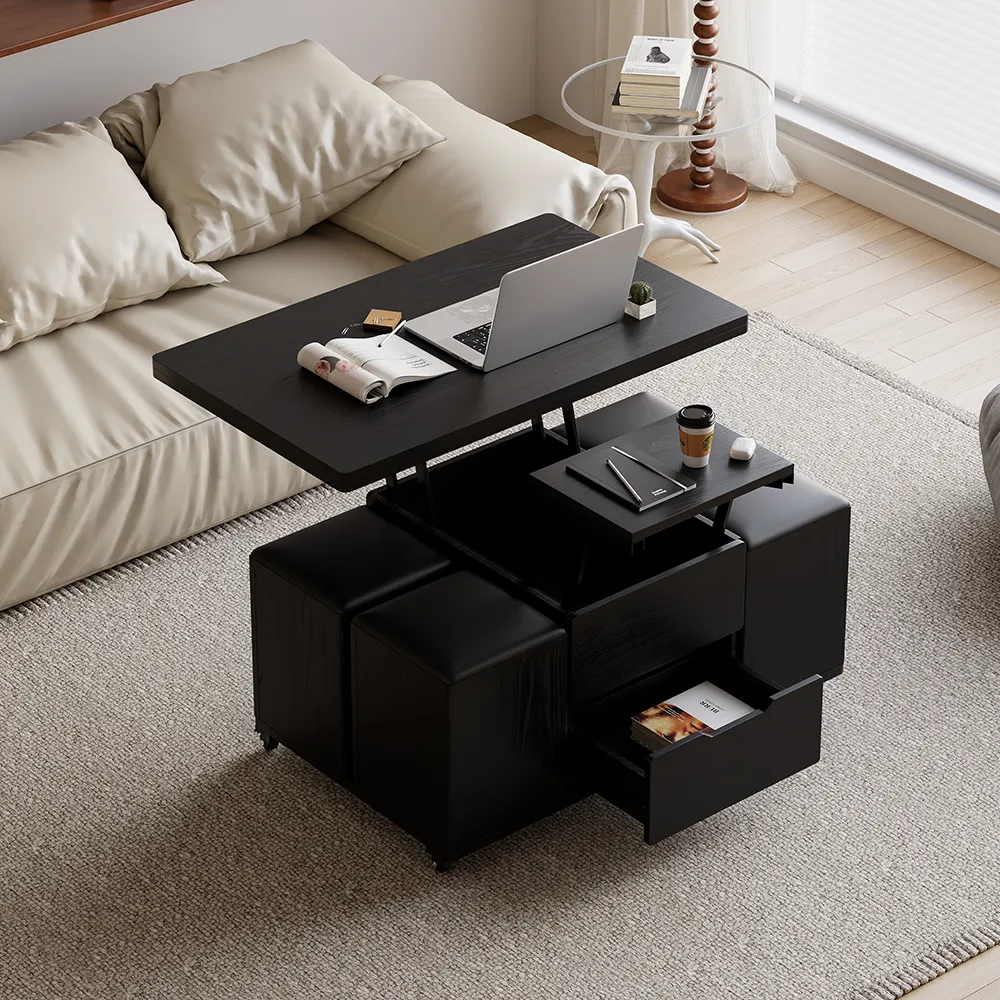 Modern Walnut Lift Top Coffee Table 4 in 1 with Storage Ottoman Foldable and Casters