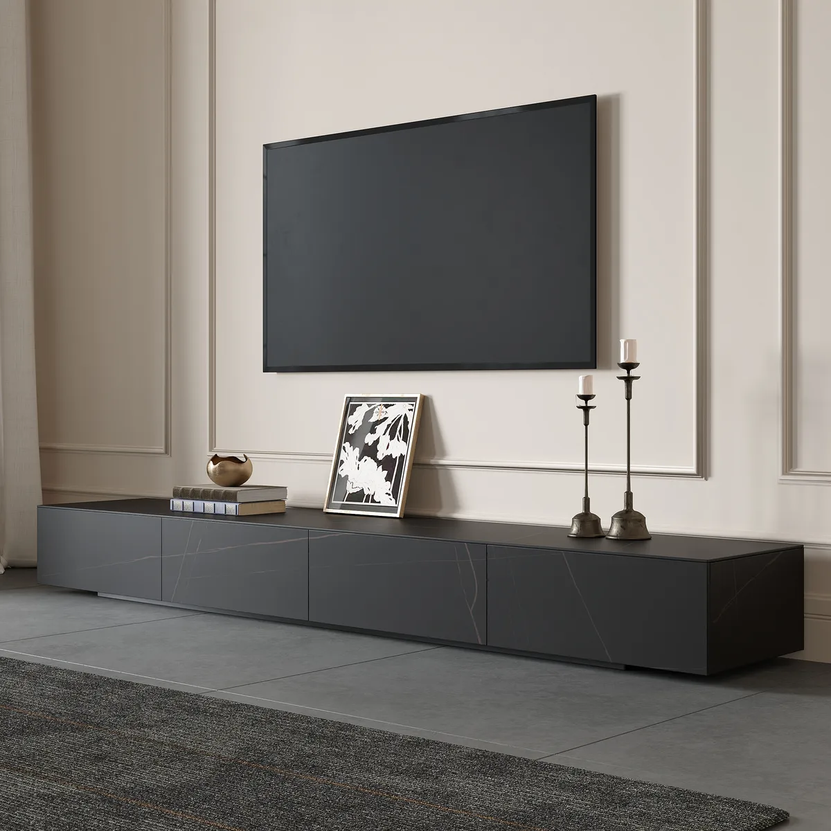 87" Black TV Stand Faux Marble with Storage for TVs Up — image 2