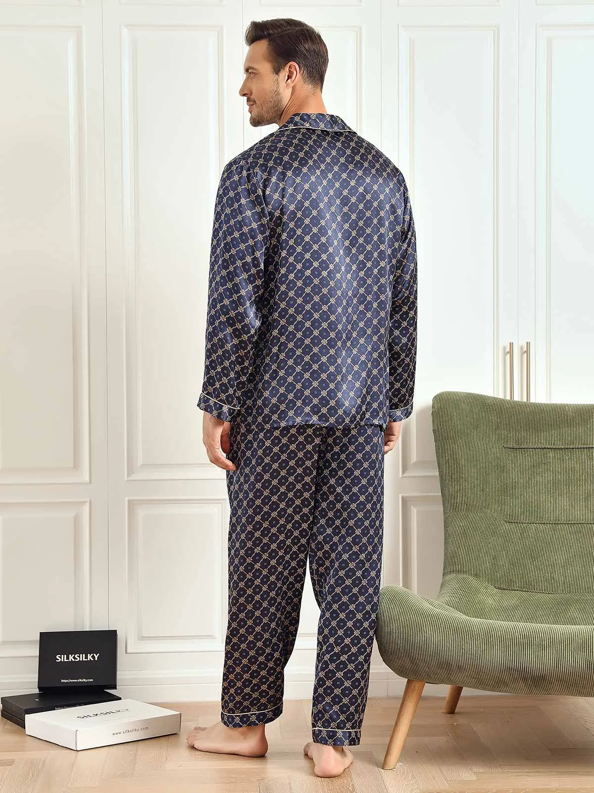 100% Mulberry Silk Navy Chain Print Long Sleeve Men's Pajamas Set With Pants — image 3