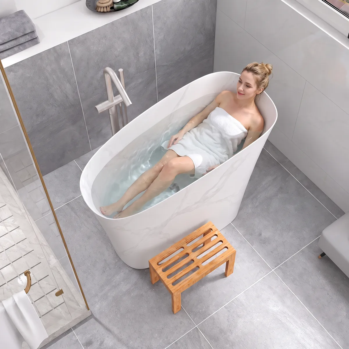 47" Japanese Irregular Freestanding Stone Resin Soaking Bathtub, Marble Look — image 16