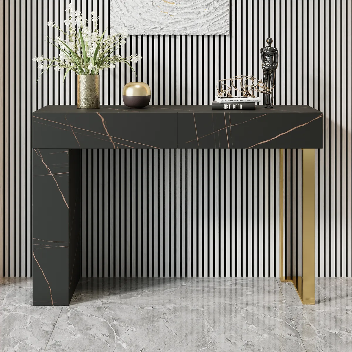 47.2" Black Console Table Modern Accent Table For Entryway with 2 Drawers & Stainless Steeel Base — image 2