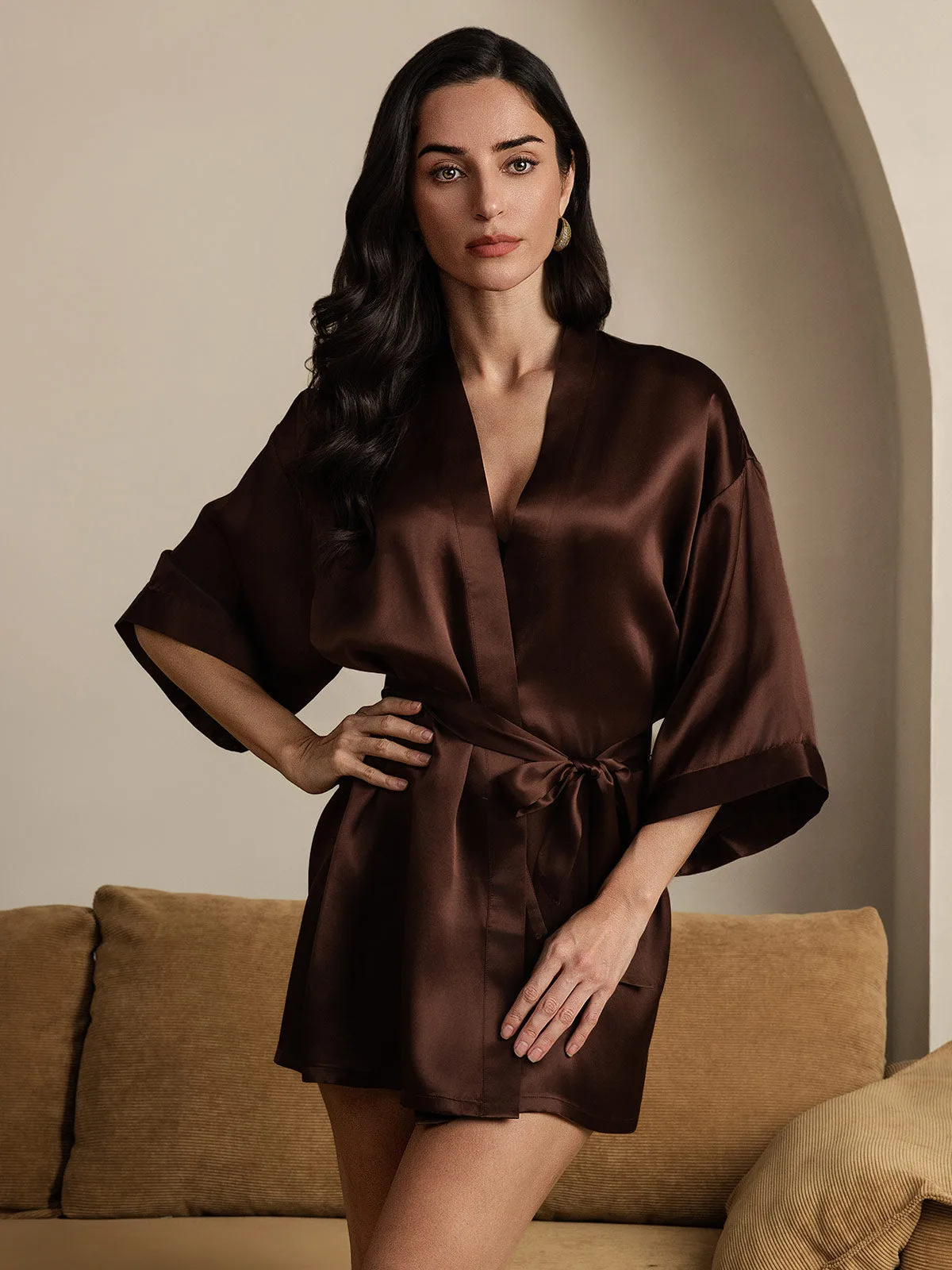 100% Mulberry Silk Short Women's Kimono Robe with Wrap Design — image 7