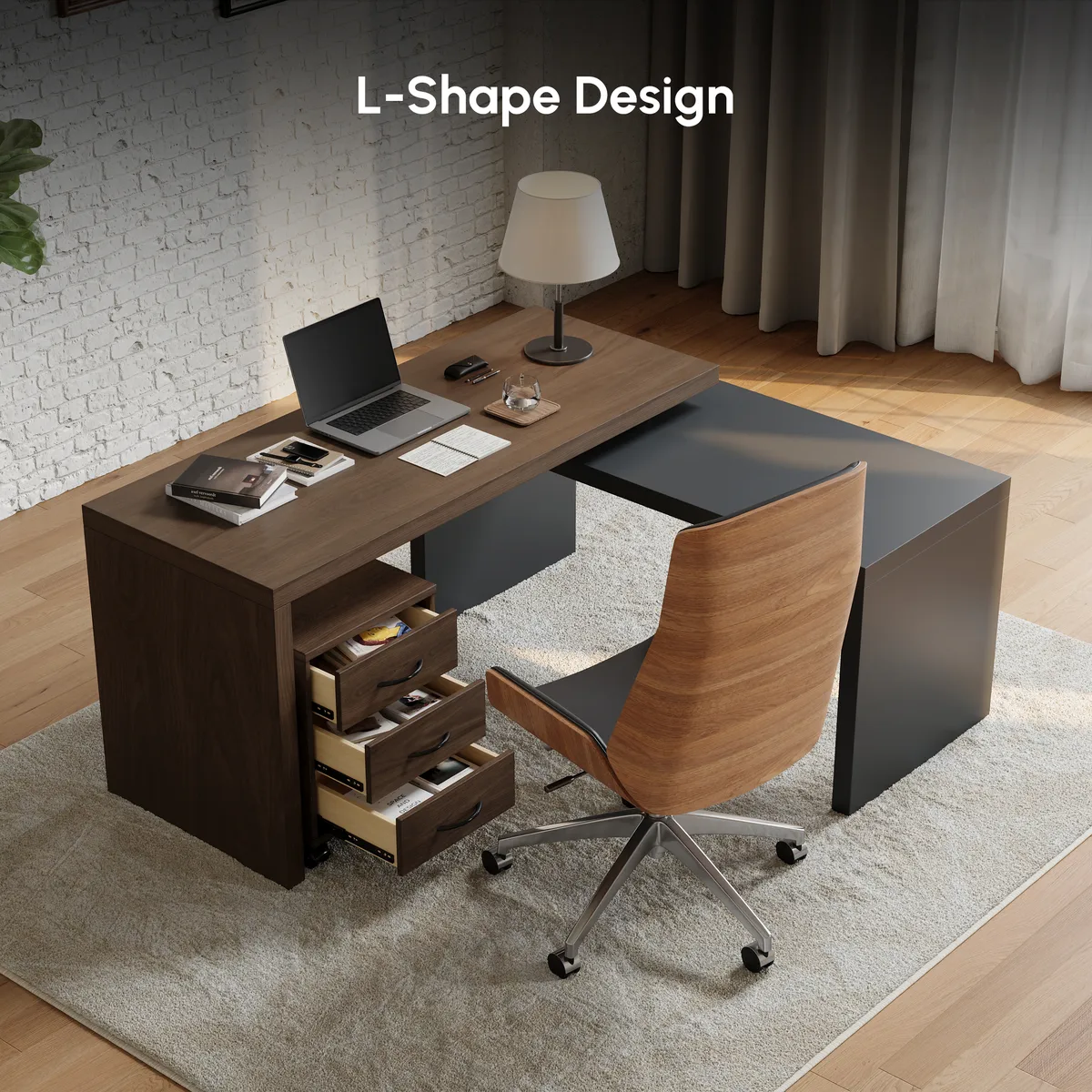 Modern L Shaped Executive Office Desk with with Movable File Cabinet Black & Walnut Swivel Desk Office Furniture (59.8" ) — image 8