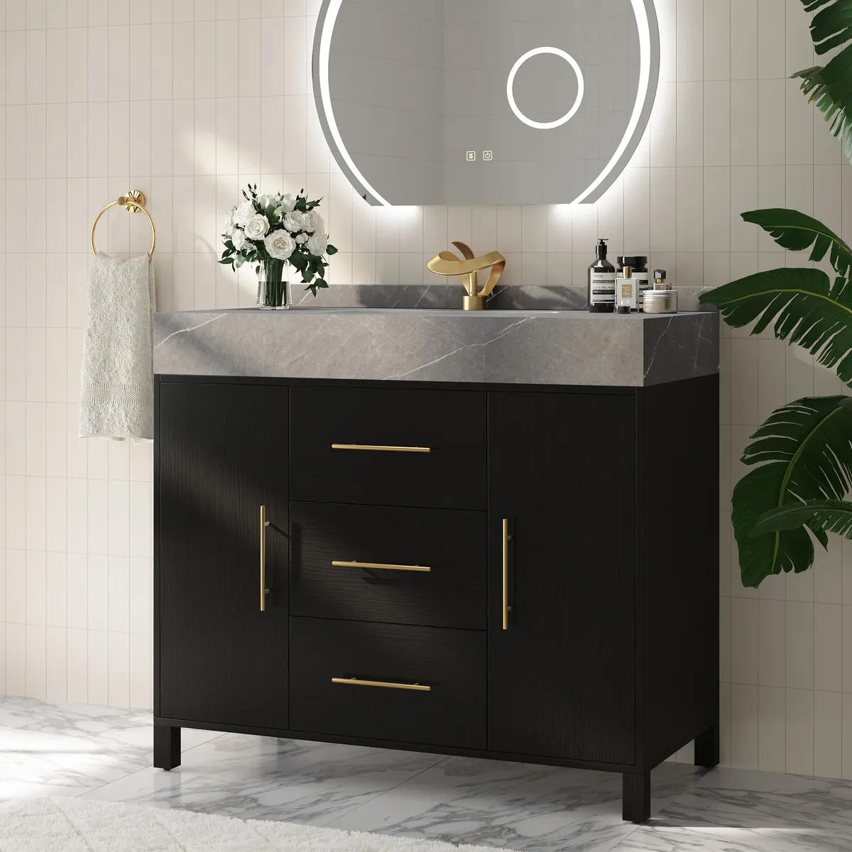 39" Walnut Freestanding Bathroom Vanity Sintered Stone Top & Silver Handles