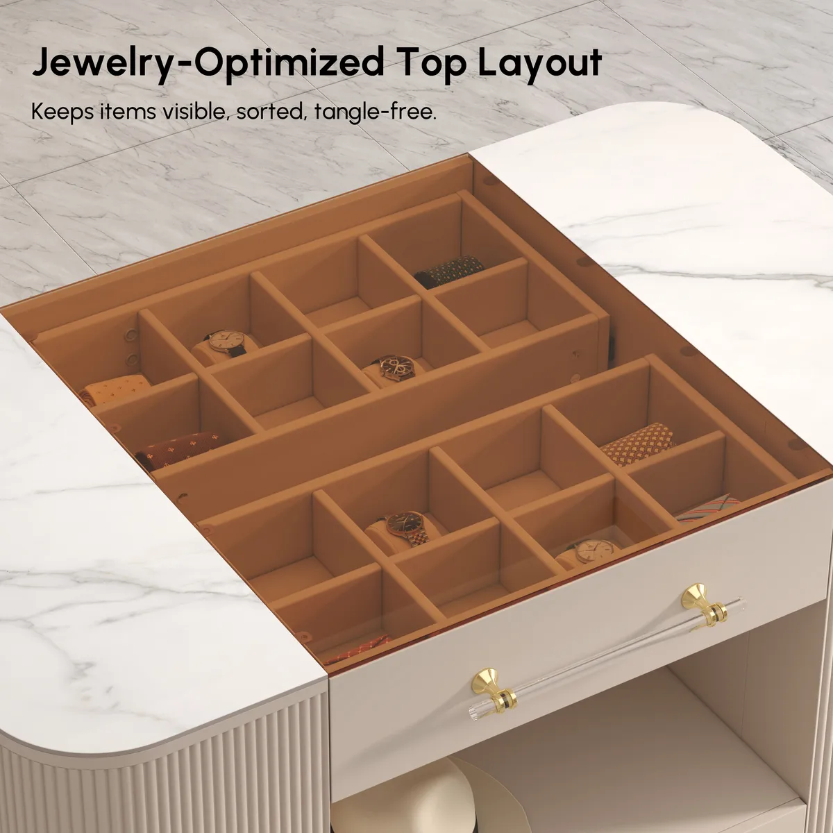 47" Tempered Glass Top Closet Island with Mirror & Jewelry Storage Dresser Vanity — image 7