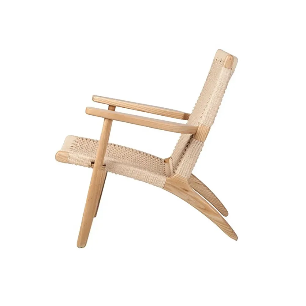 Japandi Solid Wood Outdoor Patio Lounge Chair Armchair Kraft Paper Rope Woven Seat — image 5