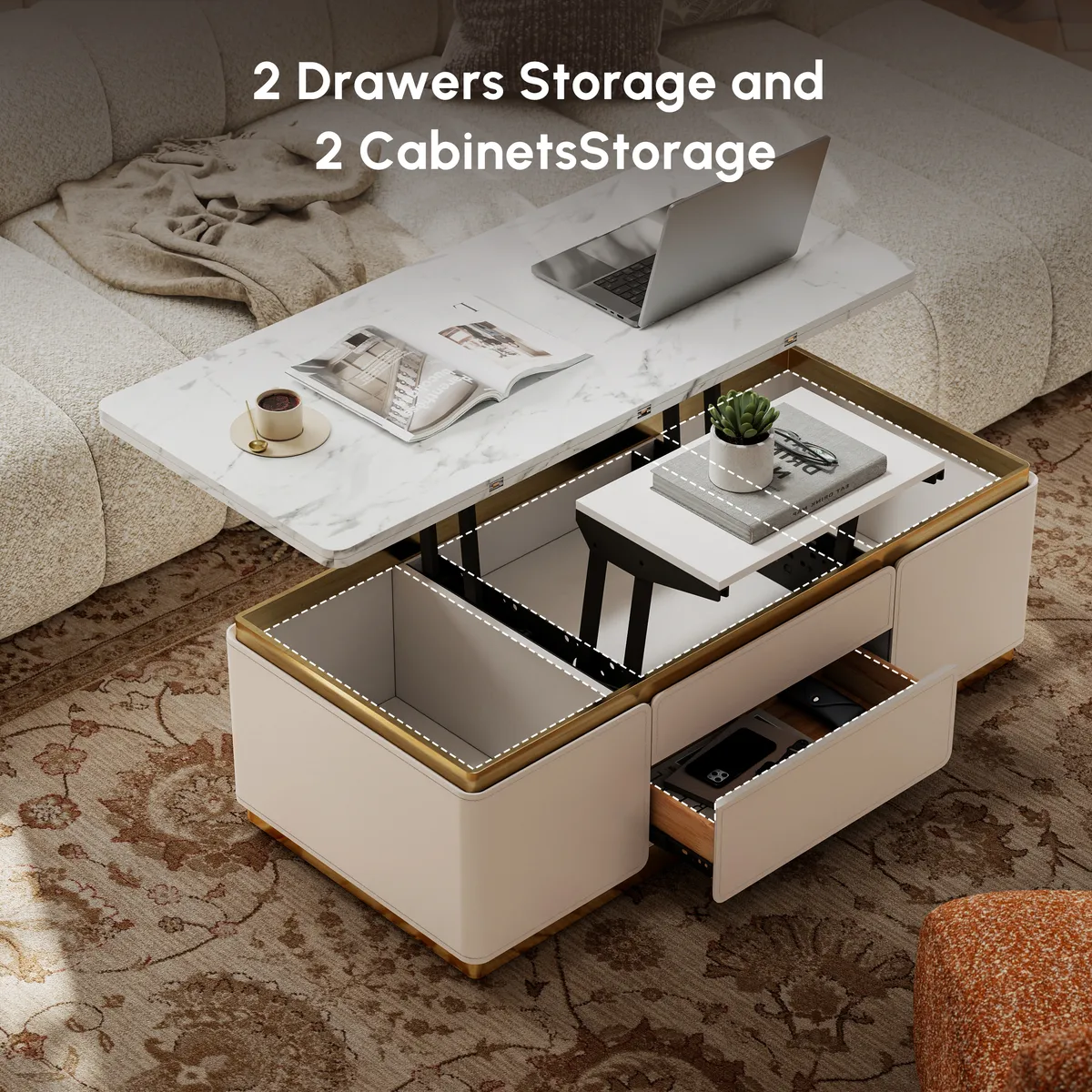 48" Ivory Saddle Leather Lift-Top Coffee Table with 2 Drawers — image 9